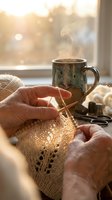 Hands knitting cream yarn by sunny window with ceramic mug and crafting supplies creating cozy handmade hobby atmosphere for relaxation and creativity projects.