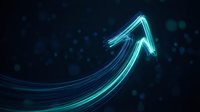 Glowing neon arrow pointing upward with flowing light trails on dark blue background, representing growth, success, and positive business momentum for financial presentations.