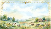 Pastoral countryside landscape with grazing livestock, farmhouse, and golden decorative border frame, watercolor style rural scenery for agricultural and home decor designs.