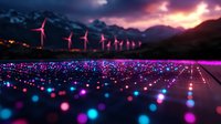 Solar panels and wind turbines against dramatic mountain landscape at sunset, with colorful LED lights creating futuristic pattern in foreground, representing sustainable energy technology.