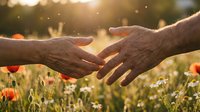 Senior couple holding hands in blooming wildflower meadow at golden hour sunset, expressing love, togetherness, and romantic connection in nature outdoor setting.