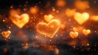 Glowing golden hearts with sparkles floating in dark space, romantic bokeh effect creates magical atmosphere for Valentine's Day and love themes.