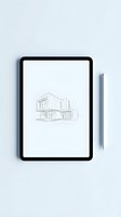 Digital tablet displaying a modern house architectural sketch beside a stylus pen on a white surface, top view.