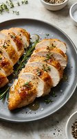 Sliced roasted chicken breast with golden-brown skin, fresh rosemary and thyme garnish, served on gray plate with herbs and spices for gourmet dinner preparation.