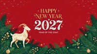Festive New Year 2027 greeting card featuring golden goat, evergreen branches, ornaments and stars on red background for holiday celebrations.
