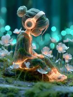 Young Asian woman with glowing headphones sitting among white cosmos flowers in magical forest setting with turquoise bokeh background and luminous details.
