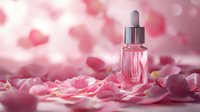 Glass dropper bottle with pink serum among scattered rose petals on pink background with bokeh hearts effect, romantic spa and beauty concept.