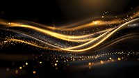 Glowing golden waves with sparkling particles flow on dark background creating magical light effect. Luxury abstract design for festive backgrounds.
