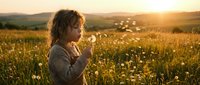 Woman with curly blonde hair in casual sweater praying in golden dandelion field at sunset, hands clasped in spiritual devotion and peaceful meditation outdoors.