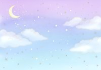 Dreamy pastel sky with fluffy clouds, crescent moon, and sparkling stars in soft purple and blue tones, evoking a magical night scene.