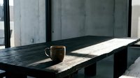 A minimalist workspace featuring a dark wooden table with a steaming mug beside a blank notebook, set against concrete walls and natural light for modern office design projects.