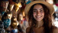 Young Mediterranean woman in straw hat smiling at traditional bazaar market with colorful Turkish lamps and decorative items in background. Authentic travel experience.