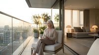 Mature Caucasian businesswoman relaxing on modern apartment balcony at sunset with city skyline view and contemporary interior design.