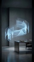 Modern office workspace featuring minimalist desk and chair with abstract holographic light waves projection on dark concrete wall, suitable for technology, innovation, and futuristic business concepts.