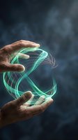 Hand holding glowing green neon energy orb with swirling light trails against dark stormy background, representing innovation, technology, and digital transformation for business concepts.