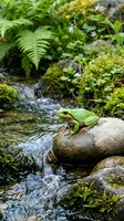 Green tree frog perched on moss-covered rock beside flowing stream in lush forest habitat with ferns and vegetation for nature and wildlife projects.