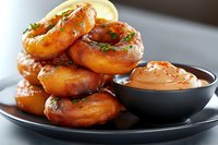 Fresh homemade donuts stacked on black plate with creamy dipping sauce, garnished with herbs and lemon slice, close up view of golden fried pastries.