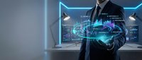 Businessman in dark suit holding glowing digital globe with data analytics charts and neon blue interface elements, representing global technology, business intelligence, and digital transformation.