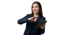 Professional businesswoman in navy pinstripe suit holding tablet computer pointing at screen on white background isolated for corporate design.