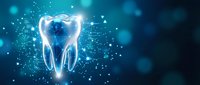 Glowing digital tooth with sparkling particles on blue background for dental care, oral health and medical technology concepts.