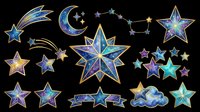Celestial stars, crescent moon, shooting stars, and cloud clipart set with galaxy texture, gold outline, isolated on transparent background, ready for stickers, t-shirt design, and print on demand.