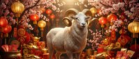 Majestic white ram with curved horns stands amid blooming cherry blossoms, red lanterns, and golden coins in festive setting, symbolizing prosperity and abundance for lunar new year celebrations.
