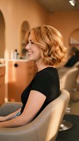 Happy blonde woman with wavy bob haircut smiling in modern hair salon chair during professional styling appointment for beauty and self-care treatment.