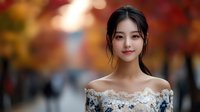 Young Asian woman in off-shoulder lace dress with gentle smile against blurred autumn background with red maple leaves and soft bokeh lighting effect.