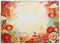 Asian-inspired festive frame with red lanterns, peonies, and ornamental borders on aged paper background. Suitable for invitations, greeting cards, and cultural event designs.