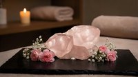 Raw rose quartz crystals on dark slate, surrounded by pink flowers and baby's breath in a serene spa setting with candle glow.