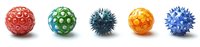 Colorful spiky spherical objects in red, green, black, orange and blue arranged in row on white background for creative design projects.