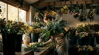 Florist arranging fresh flowers and greenery in rustic workshop studio with hanging dried botanicals, natural window light, and potted plants for floral design business.