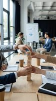 Business team building wooden blocks with icons in modern office meeting room for corporate strategy planning and teamwork development.