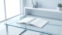 Open blank book on a glass coffee table in a bright minimalist white interior with shelf, vases, and plant in background.