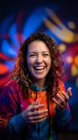 Excited young Hispanic woman with curly hair laughing joyfully with outstretched hands against vibrant colorful bokeh lights background for celebration concepts.