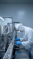 Pharmaceutical technician in sterile cleanroom working with automated production line equipment wearing protective suit and gloves in modern facility.