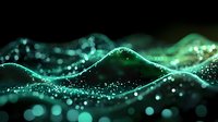 Abstract digital wave visualization with glowing turquoise particles flowing in dark space, creating dynamic curves and light effects for technology backgrounds.