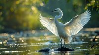 Majestic great egret spreads wings while standing on rock in sunlit water, creating dramatic silhouette against sparkling bokeh background in natural wetland habitat.