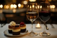 Romantic dinner setting with mini cheesecakes and wine glasses filled with red and white wine against soft bokeh lights background, intimate restaurant atmosphere.