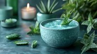 Refreshing green smoothie bowl with aloe vera leaves in textured ceramic bowl, lit candle and tropical plants on dark background. Wellness and healthy lifestyle.
