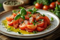 Fresh tomato caprese salad with basil leaves and olive oil on white plate, healthy Mediterranean cuisine for restaurant menu and cooking blogs.