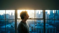Young man silhouette standing by large windows overlooking city skyline at sunset. Urban lifestyle and contemplation concept for business and personal growth.