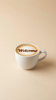 White ceramic cup of latte art with Welcome word written in cocoa powder on frothy milk, warm beige background, cafe greeting concept.