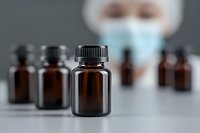 Brown glass medicine bottles arranged in row with medical professional wearing protective mask in background, selective focus on front bottle in pharmacy setting.
