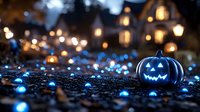 Glowing jack o'lantern pumpkin with carved spooky face on wet surface with blue lights bokeh and street lanterns creating magical Halloween atmosphere.