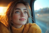 Young Caucasian woman in yellow sweater gazing thoughtfully through car window during golden sunset, soft natural lighting creates dreamy atmosphere for lifestyle and travel content.