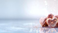 Heart shaped pink sugar cookies dusted with glitter on soft blurred background with bokeh lights and copy space for romantic holiday design.