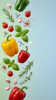 Fresh vegetables and herbs flying in the air, colorful bell peppers, tomatoes, garlic, basil, rosemary on a light gradient background.