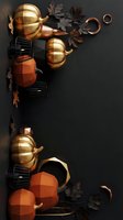 Autumn harvest composition with golden pumpkins, copper rings and dark leaves arranged on black background for seasonal design projects.