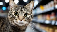 Curious tabby cat with bright green eyes and distinctive stripes looking directly at camera against blurred store background. Close up portrait showing detailed facial features.